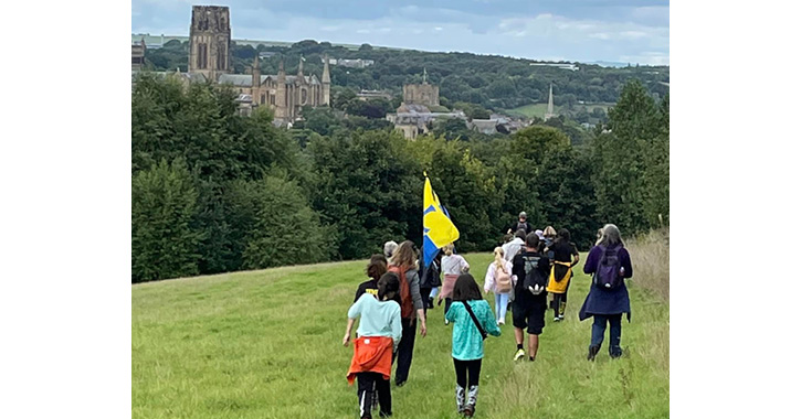 Pupils from Durham High School for Girls approaching Durham from Mount Joy on The Way of Life